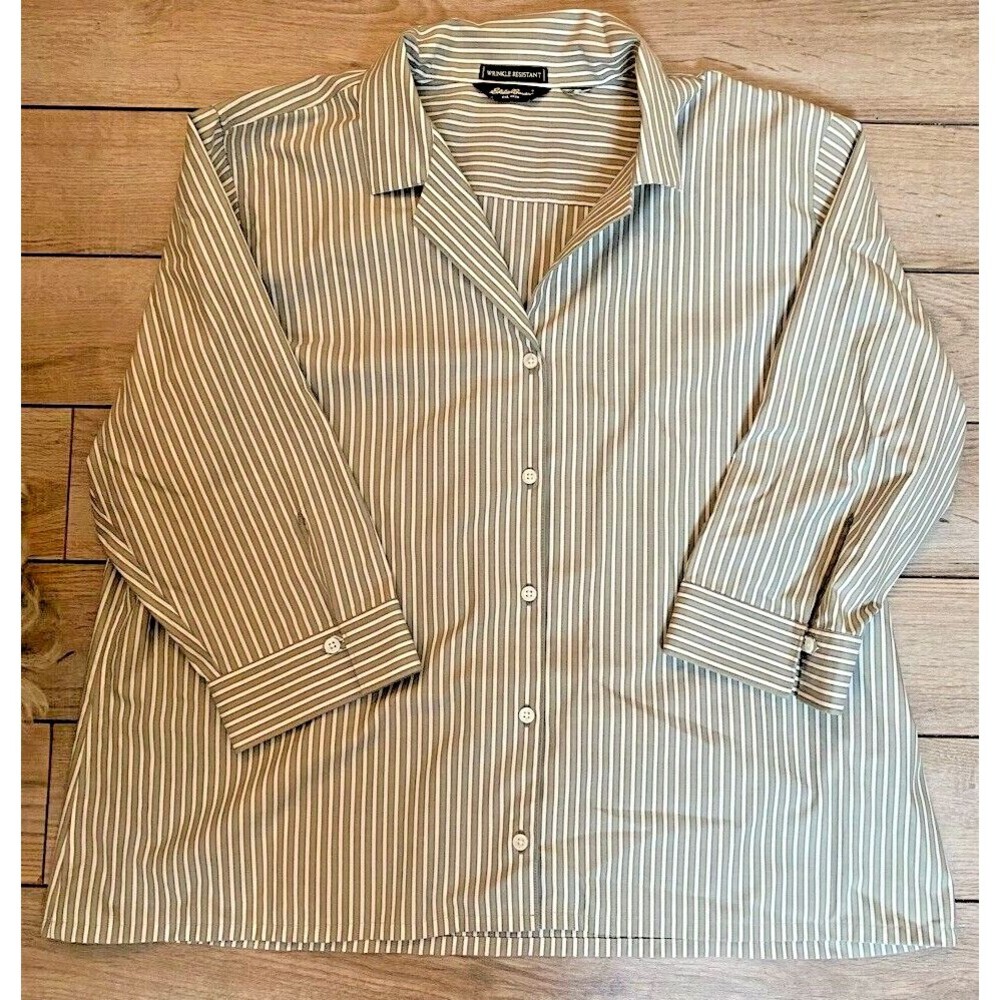 EDDIE BAUER Women Sage Green Stripe Wrinkle Resist 3/4 Slv Button Down Shirt~XL